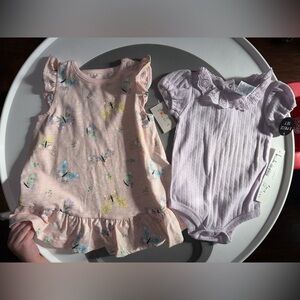 Pastel Pink & Purple, Butterfly Ruffle Dress Ribbed Purple Lace Collar Bodysuit